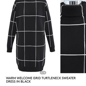 WARM WELCOME GRID TURTLENECK SWEATER DRESS IN BLACK